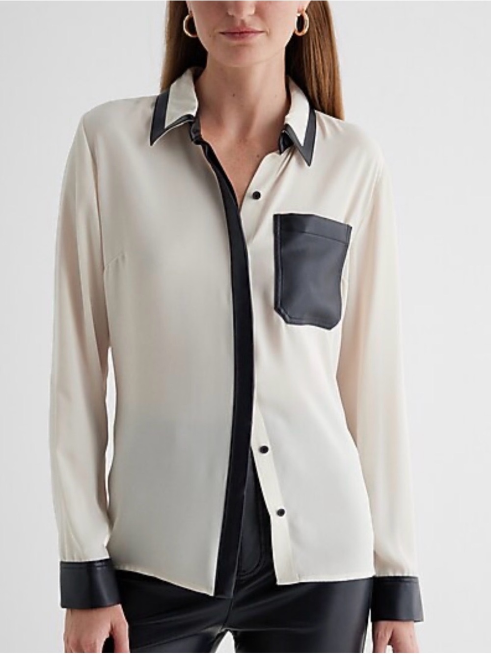 Express Cream and Black Button-Up Blouse with Faux Leather Trim